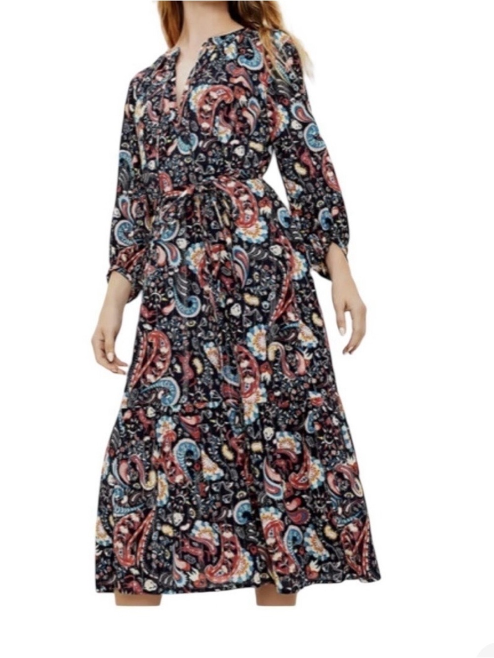 LOFT Paisley Maxi Dress in Black with Teal, Gold, Coral Accents size XL